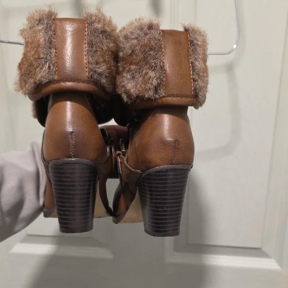 JustFab McKinley Brown Block 3 Inch Heel Boots with Faux Fur Cuff - Picture 5 of 15
